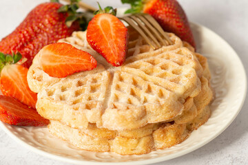 Belgian waffles with strawberries. Food for valentine's day