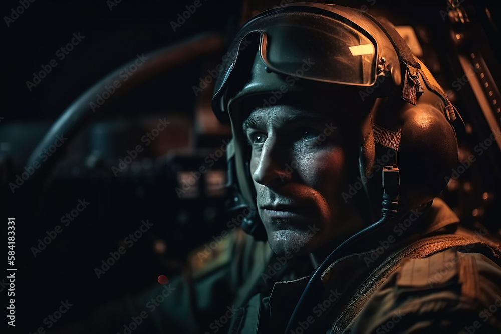 Wall mural portrait of military pilot in cockpit of a modern fighter. generative ai