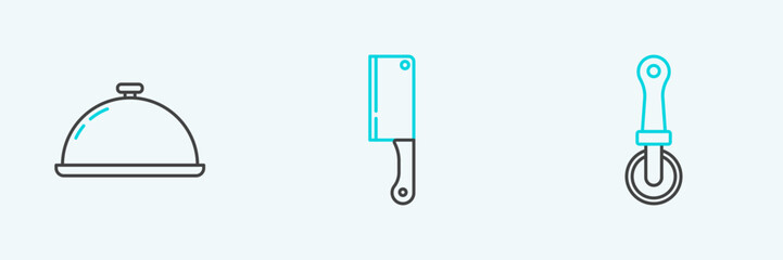 Set line Pizza knife, Covered with tray of food and Meat chopper icon. Vector