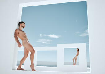 Naked statue, art deco and men against wall in open space architecture in the nude. Outdoor, live greek statues and model show homosexual, freedom and fitness muscle display of creativity as artwork