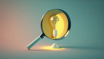 minimal light bulb and magnifying glass. finding or searching business ideas concept with Generative AI Technology