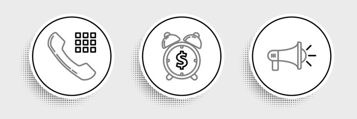 Set line Megaphone, Telephone handset and Alarm clock with dollar symbol icon. Vector