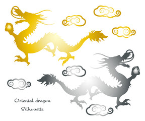 玉を持った龍のシルエットイラスト素材 ベクター 辰年 年賀素材 中華雲