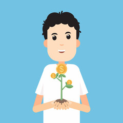 Money tree in man hand isolated. Revenue growth. Vector, flat, illustration