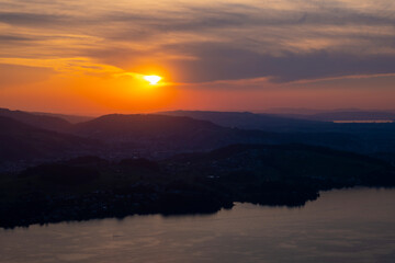 Aerial View over Lake Lucerne and Mountain in Sunset in Lucerne, Switzerland.