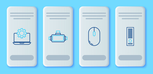 Set line Virtual reality glasses, Computer mouse, Laptop and gear and Video game console icon. Vector