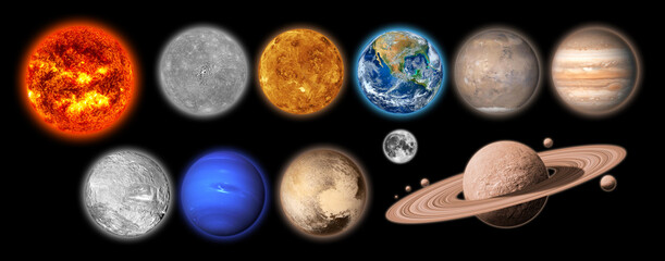 The solar system consists of the Sun, Mercury, Venus, Earth, Mars, Jupiter, Saturn, Uranut, Neptune, Pluto. isolated on black background.Elements of this image furnished by NASA © chathuporn