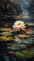 Blooming beautiful white water lily lotus flower drifting in murky swamp pond, floating rustic green lily pad leaves, spring season joy, artistic low angle view - generative ai
