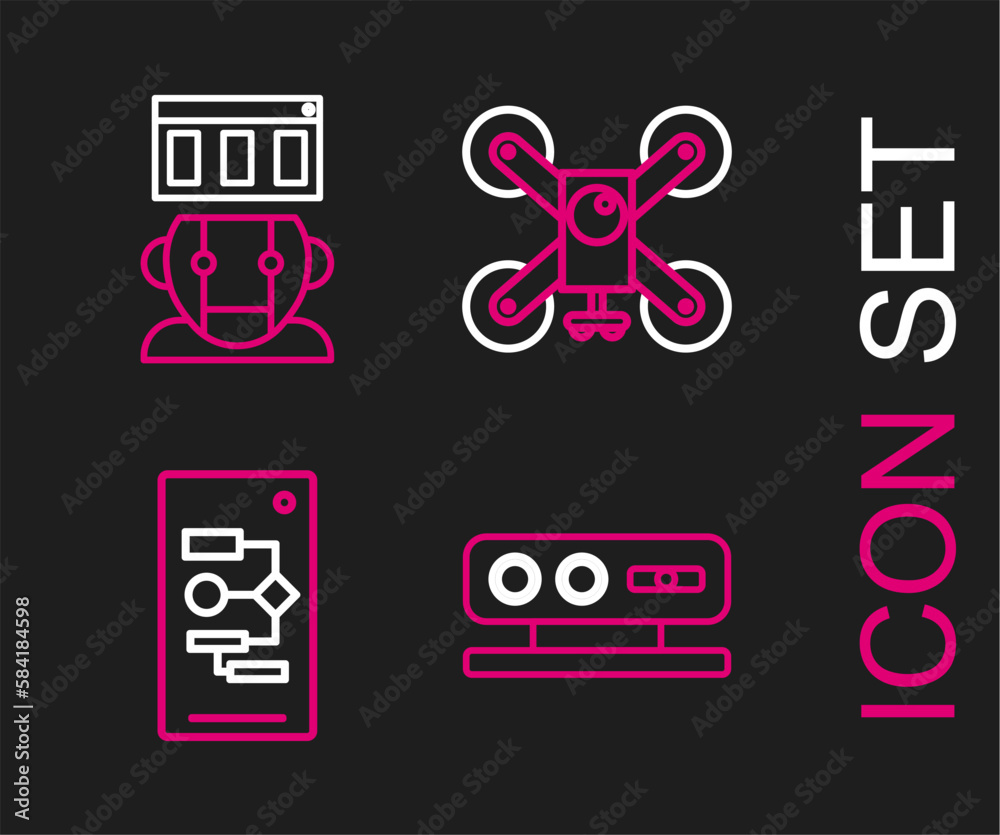 Poster set line 3d scanning system, algorithm, drone flying with action camera and robot icon. vector