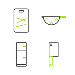 Set line Meat chopper, Refrigerator, Kitchen colander and Cutting board icon. Vector
