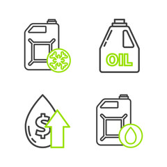 Set line Canister for motor machine oil, Oil price increase, and Antifreeze canister icon. Vector