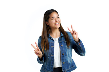 Portrait of a happy smiling Asian woman with victory gesture in both hands