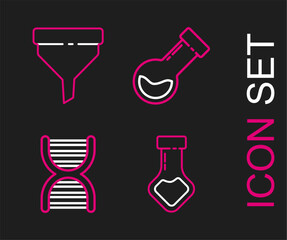 Set line Test tube and flask chemical, DNA symbol, and Funnel or filter icon. Vector