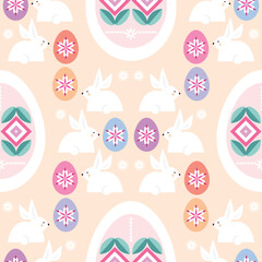 Happy Easter festive  seamless pattern with  rabbit, easter egg , spring flower, For decorated easter greeting card, banner cover, poster. Flat cartoon  style Vector icon illustration