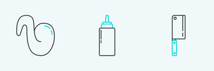 Set line Meat chopper, Fried chicken wing and Sauce bottle icon. Vector