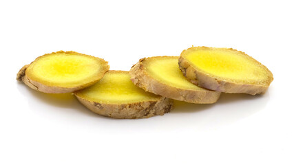 Ginger root and sliced ginger on white isolated background. Full depth of clarity