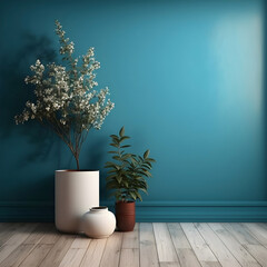A blue wall and a pot of beautiful flowers.Mock up. AI generated. Illustration.