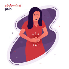 Vector illustration of a woman with acute abdominal pain, a symptom of appendicitis, pancreatitis, or a gallbladder attack. Concept for emergency medicine, surgery, and articles on sharp stomach pain
