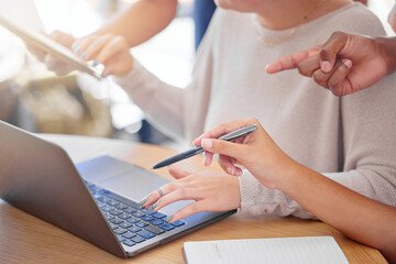 Fototapeta premium Office hands, laptop and business people teamwork, collaboration or cooperation on brand design, research or planning. Strategy, analysis and busy startup social media manager working on development