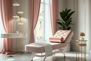 Beauty salon, interior design with massage couch, pastel colors, super photo realistic background, generative ai	