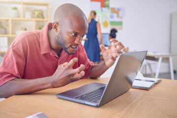 Office laptop, stress and frustrated black man, web designer or person with design, illustration or...