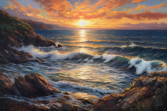 oil painting of a stunning sunset over the ocean. digital art illustration. generative AI.