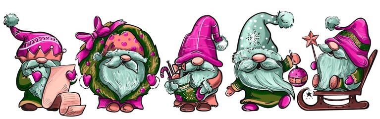 Set Of Merry Christmas With Cute Gnomes Santa Claus Banner Design. Cute Cartoon Illustration