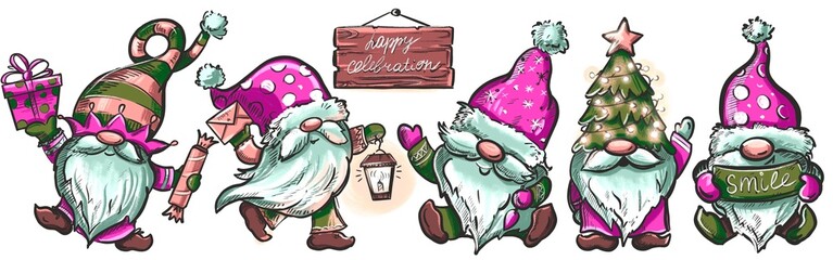 Set Of Merry Christmas With Cute Gnomes Santa Claus Banner Design. Cute Cartoon Illustration