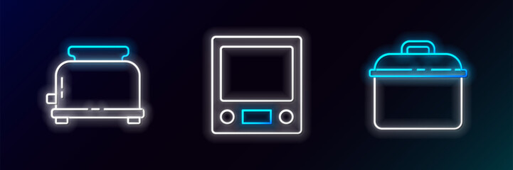 Set line Cooking pot, Toaster and Electronic scales icon. Glowing neon. Vector