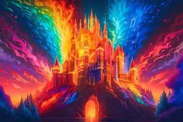 rainbow-colored castle. digital art illustration. generative AI.