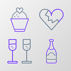 Set line Champagne bottle, Glass of champagne, Broken heart or divorce and Wedding cake with icon. Vector