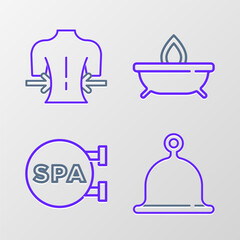 Set line Sauna hat, Spa salon, Aroma candle and Massage icon. Vector