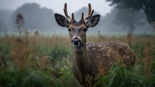 Junger Hirsch im Herbst bei Morgengrauen, Generative AI