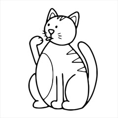 Doodle stick out tongue Cat. Hand-drawn pet isolated on white background. Outline striped animal licks its paw. Cute character, mascot. Line kawaii kitten sits and washes. Vector funny illustration
