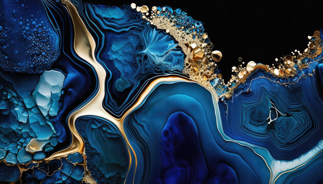 Liquid Swirls in Beautiful Navy Blue colors, with Gold Powder. Luxurious Design Wallpaper. Generative AI.