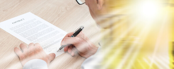 Man signing a contract; multiple exposure