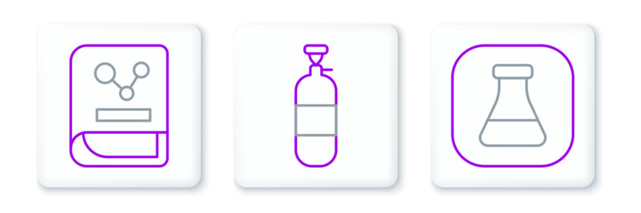 Set line Test tube and flask, Chemistry book and Propane gas tank icon. Vector