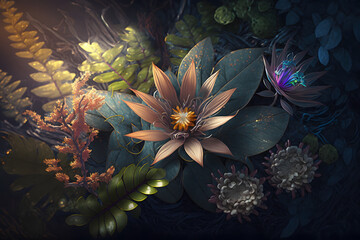 Fantasy Seruni flower, plant and leaves floral background