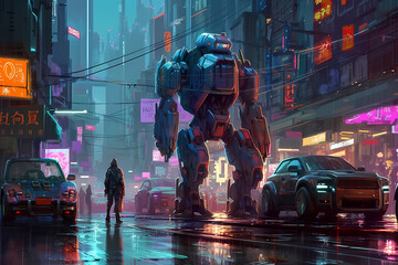 Obraz na płótnie Canvas a neon light city after the rain with giant robots. digital art illustration. generative AI.