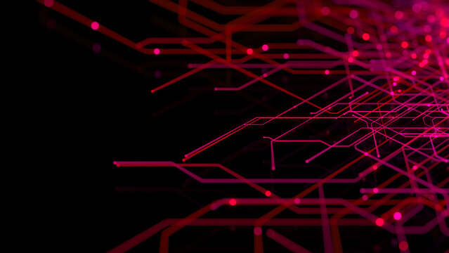 Futuristic Digital Lines form a High-Tech Mesh. Red and Pink Connectivity Concept.