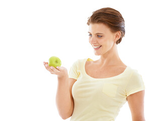 Diet, health and woman with an apple for nutrition, wellness and healthy weightloss. Natural, beauty and female model holding fruit on an isolated and transparent png background