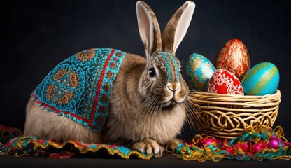 Easter Bunny, dark background, , Easter eggs, basket, Generative AI