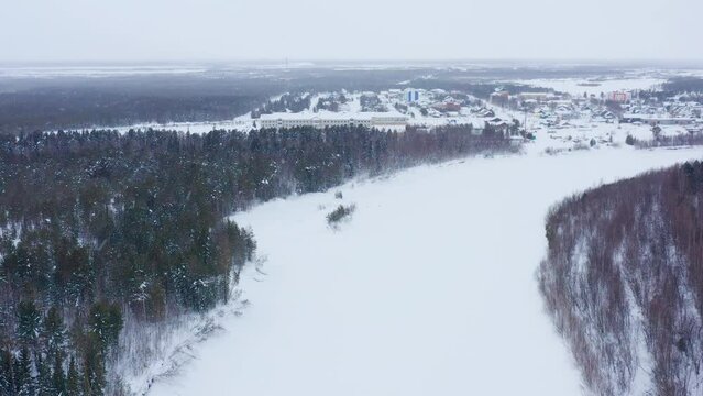 Western Siberia, Khanty-Mansi Autonomous Okrug: Russkinskaya village. Aerial view.