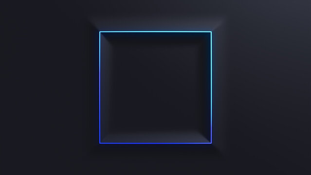 Minimalist Tech Background with Raised Square and Blue Illuminated Edge. Black Surface with Embossed 3D Shape. 3D Render.