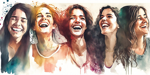 Happy women group for International Women’s day, watercolor of female friend group, watercolor style illustration by Generative Ai