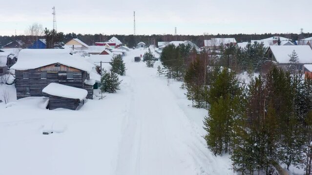 Western Siberia, Khanty-Mansi Autonomous Okrug: Russkinskaya village. Aerial view.