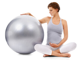 Pregnant, woman and fitness ball on an isolated and transparent png background for exercise, pilates and wellness. Pregnancy and mother workout for healthy body and yoga training