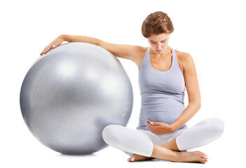 Fototapeta na wymiar Pregnant mother, stomach and exercise ball on an isolated and transparent png background for fitness, pilates and wellness. Pregnancy and woman workout for healthy body and yoga training