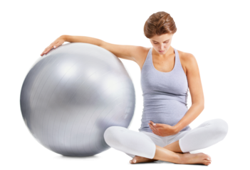 Pregnant mother, stomach and exercise ball on an isolated and transparent png background for fitness, pilates and wellness. Pregnancy and woman workout for healthy body and yoga training