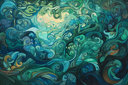 A swirling vortex of cool blues and greens. digital art illustration. generative AI.